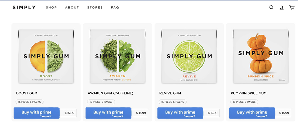 Buy with Prime SimplyGum.com merchandising and buy button example
