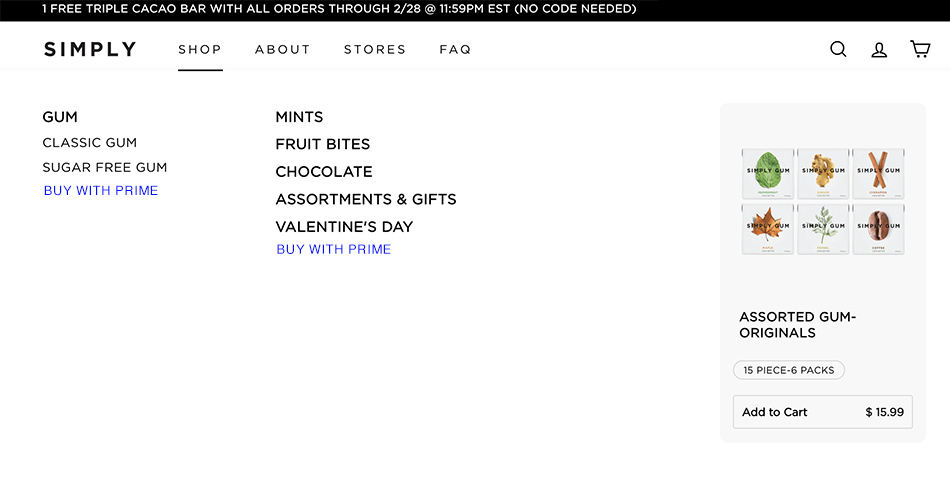 Buy with Prime SimplyGum.com example category